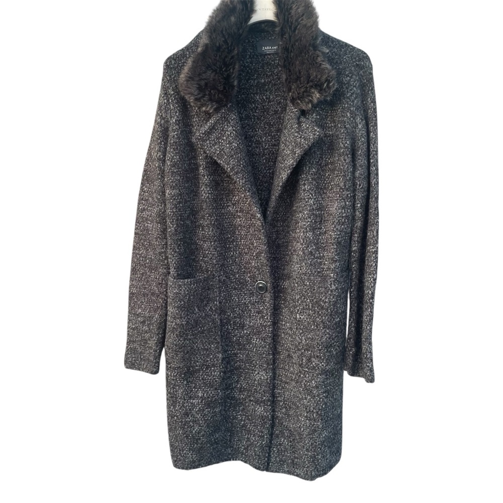ZARA Knit Gray Tweed Faux Fur Sweater Coat - Size Medium